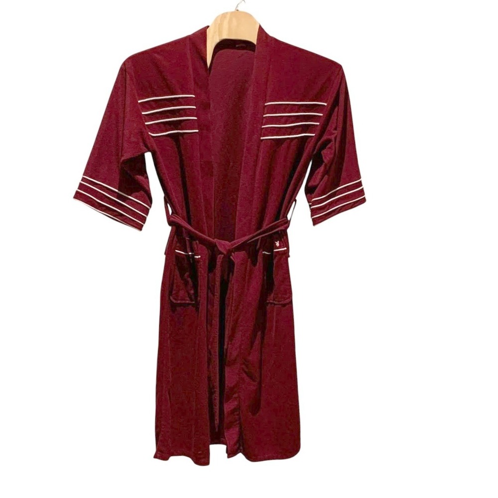 Playboy Vintage Robe Mens S/M Burgundy Velour Smoking Lounge Hugh Hefner Bunny